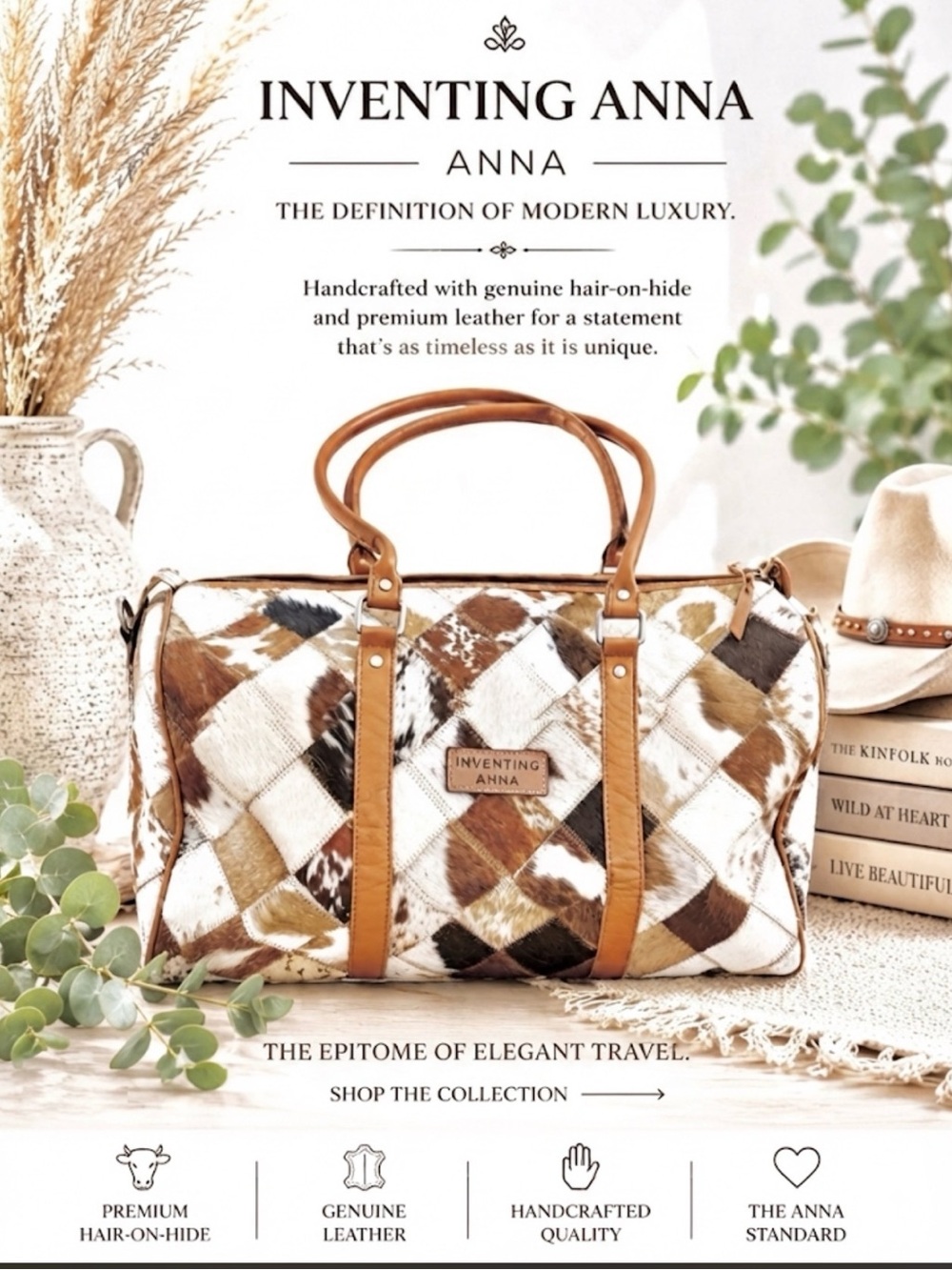 BOHO RANCH LUXE ~ Large Brown Cream Patchwork Travel Tote w/LV Luggage Tag
